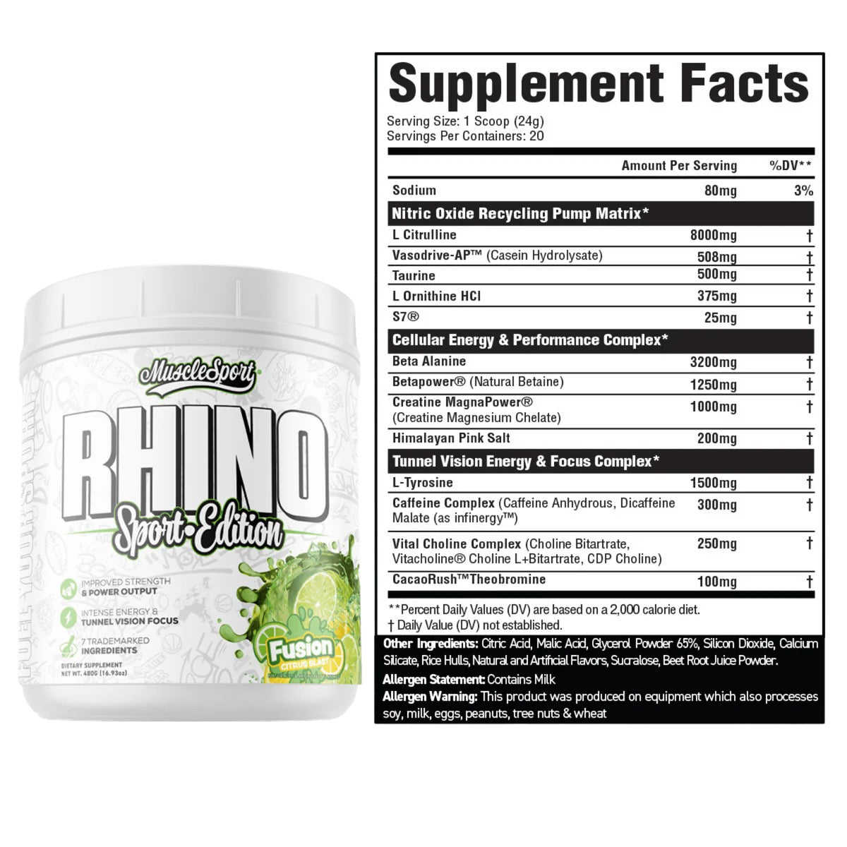MuscleSport RHINO Sport Edition Pre-Workout (300mg Caffeine)